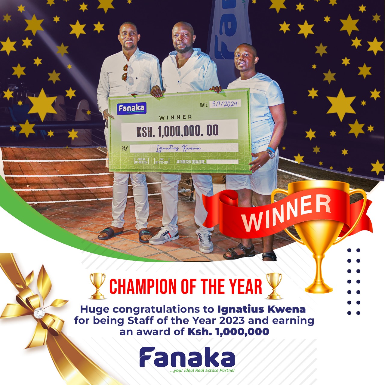 FANAKA REAL ESTATE CELEBRATES EXCELLENCE: EMPLOYEE OF THE YEAR AWARDED 1,000,000 KSH!